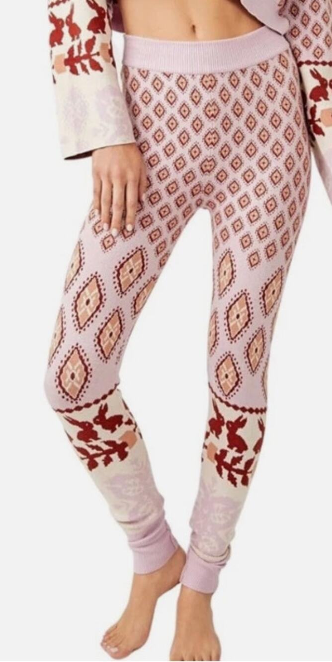 Free People Snow Bunny Knit Pants Size Large Pink Red Cozy